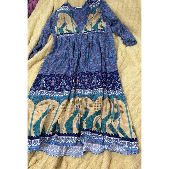 R. Vivimos Long Sleeve Bohemian Peacock Printed V-Neck Midi Dress Tassel Tie L - Picture 5 of 11